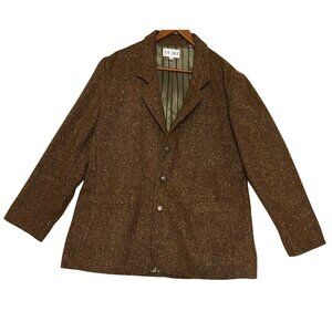 Brown Tweed Women Blazer Jacket By P.K. Mui Wool Blend Size 14 USA 3 Front Butto